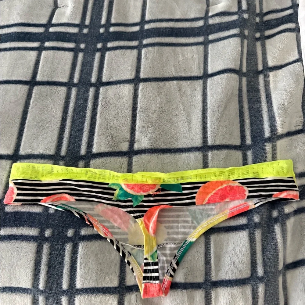 PINK Victoria's Secret Neon Citrus Striped Thong - Picture 1 of 3